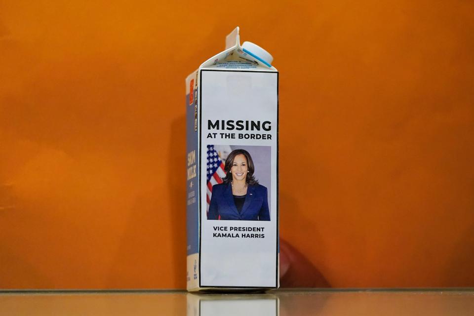 Republicans decorated a milk carton with a picture of Vice President Kamala Harris on April 14 to criticize her absence on the U.S.-Mexican border during a surge in immigration.