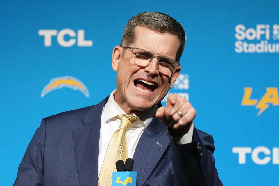 Feb. 1, 2024: Jim Harbaugh is officially announced as Los Angeles Chargers head coach at an introductory press conference at SoFi Stadium.