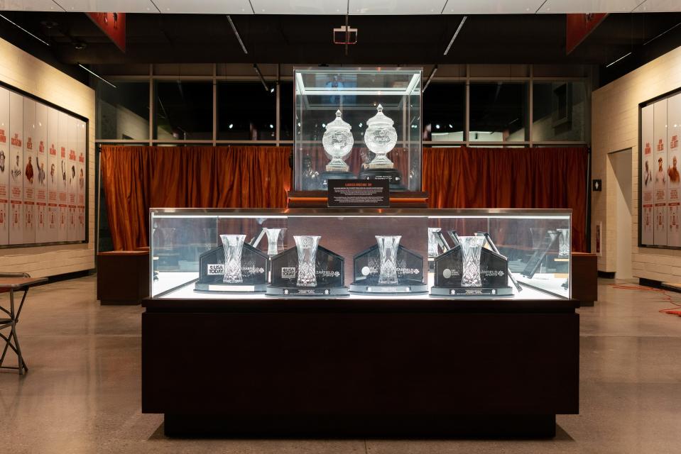 Two Directors' Cup trophies sit side by side in a prominent spot in the Texas athletic offices. The Longhorns have a shot at winning a third. “We’re ahead of last year, but boy, spring for us is a great time,” UT athletic director Chris Del Conte said. “All of our fall sports scored, unlike last year. I believe every single one of our (winter and spring) sports, we have a chance to compete for a championship. The future’s pretty bright on that endeavor.”