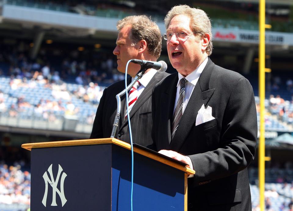 NEW YORK - JULY 19: New York Yankees radio broadcaster John Sterling speaks during the teams 63rd Old Timers Day before the game against the Detroit Tigers on July 19, 2009 at Yankee Stadium in the Bronx borough of New York City. (Photo by Jim McIsaac/Getty Images)