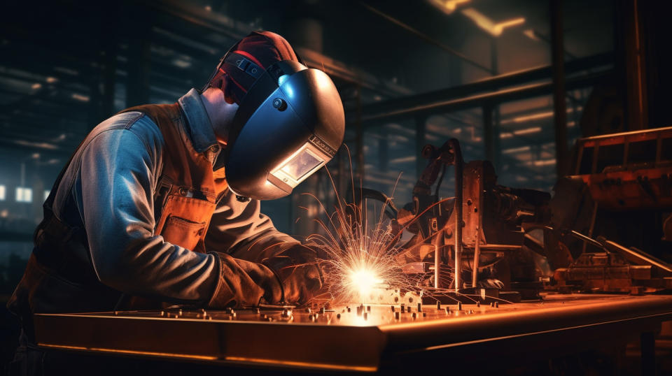 A welder in a hardhat soldering steel plates to a blueprint plan.