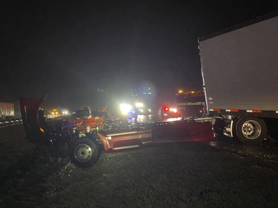 This photo provided by the Forrest City, Ark., Fire Department shows a botched tractor trailer involved in a crash on Interstate 40, at mile marker 254, about 13 miles from the Forrest City exit on Tuesday morning, Jan. 31, 2023. (Forrest City Fire Department via AP)