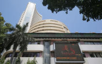 A screen displaying an image of India's Prime Minister Narendra Modi is seen on a facade of the Bombay Stock Exchange (BSE) building in Mumbai, India, May 23, 2019. REUTERS/Francis Mascarenhas