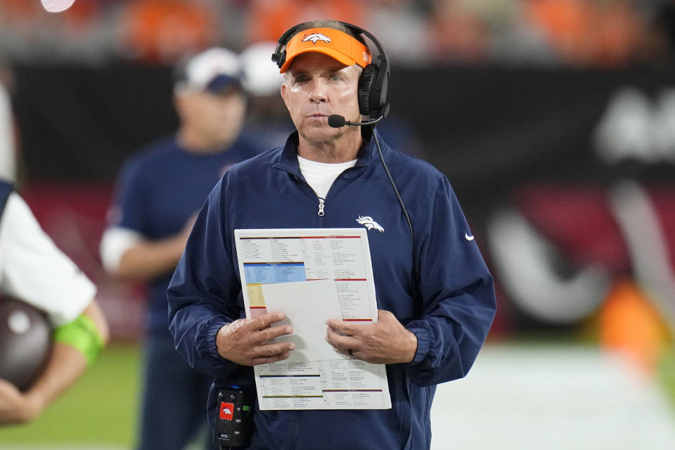 Denver Broncos head coach Sean Payton walks on the sideline during the first half of his team's NFL preseason football game against the Arizona Cardinals in Glendale, Ariz., Friday, Aug. 11, 2023. (AP Photo/Ross D. Franklin)