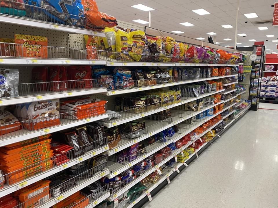 Candies and cookies on shelving in a target