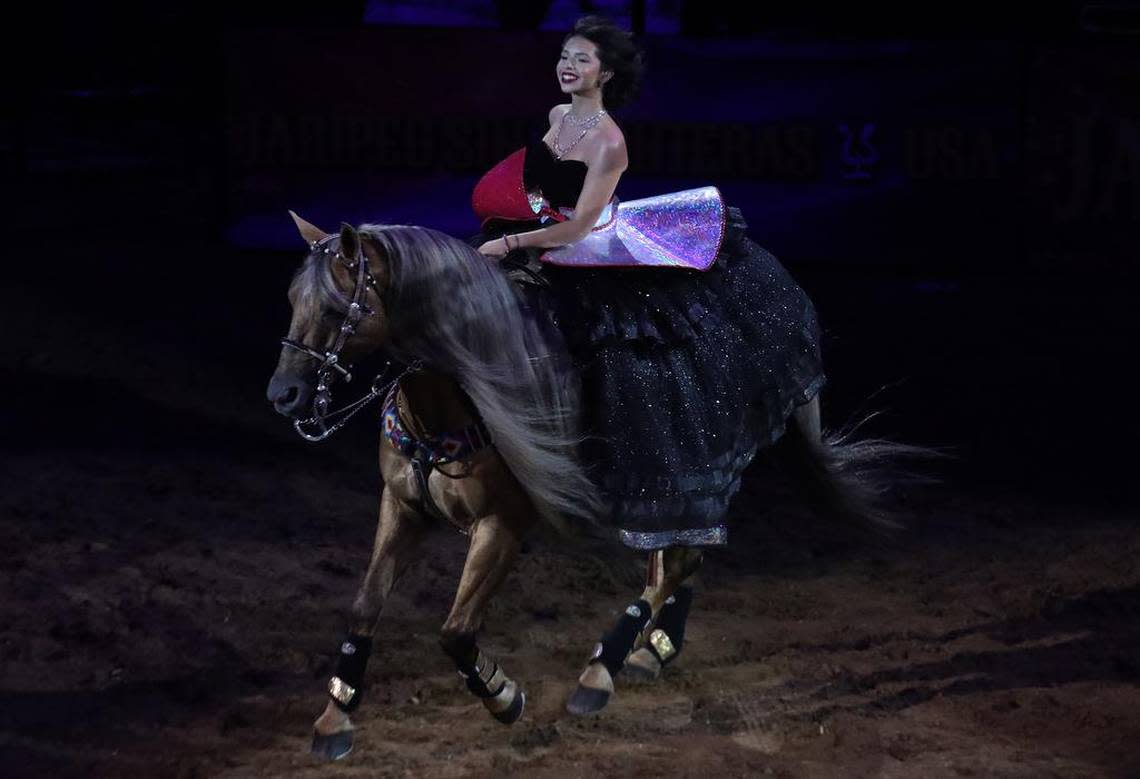 Angela Aguilar had two wardrobe changes during her performance Sunday night at ‘Jaripeo Sin Fronteras’ at the Save Mart Center.