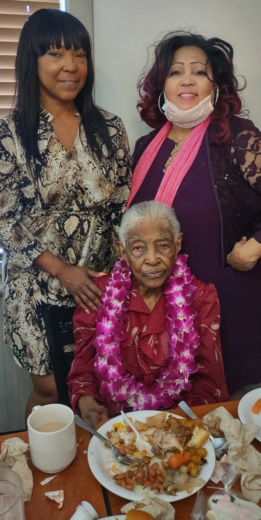 Beatrice Pruitt of Hesperia celebrated her 110th birthday on Sunday with granddaughters Teria Smith Bryant (right) and Twyla Smith.