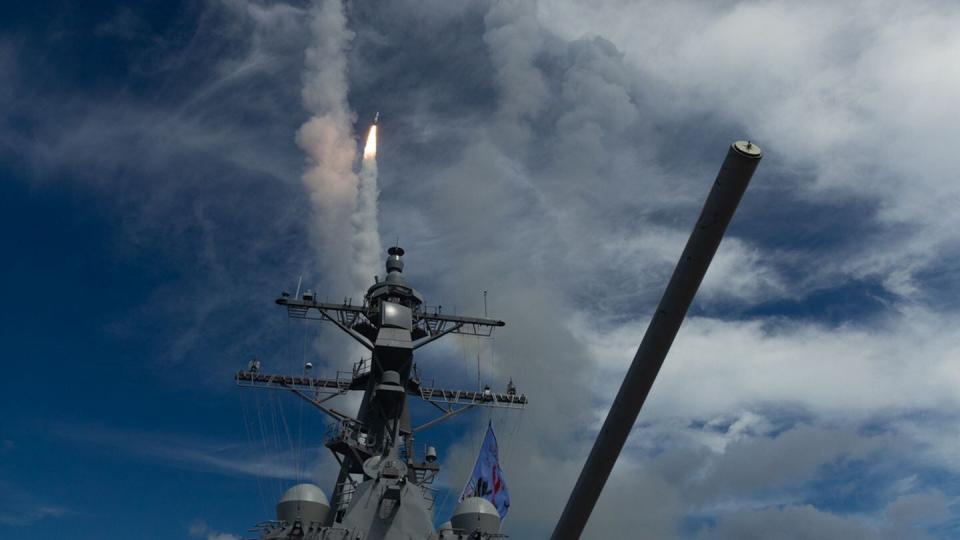 A Standard Missile-2 Block IIIA interceptor is launched from the USS Carl M. Levin (DDG 120) off the coast of Pacific Missile Range Facility in Kauai, Hawaii, as part of Vigilant Wyvern/Flight Test Aegis Weapon System-48, a joint test of the U.S. Navy Program Executive Officer Integrated Warfare Systems and the Missile Defense Agency. conducted October 25, 2023. (photo courtesy Missile Defense Agency)