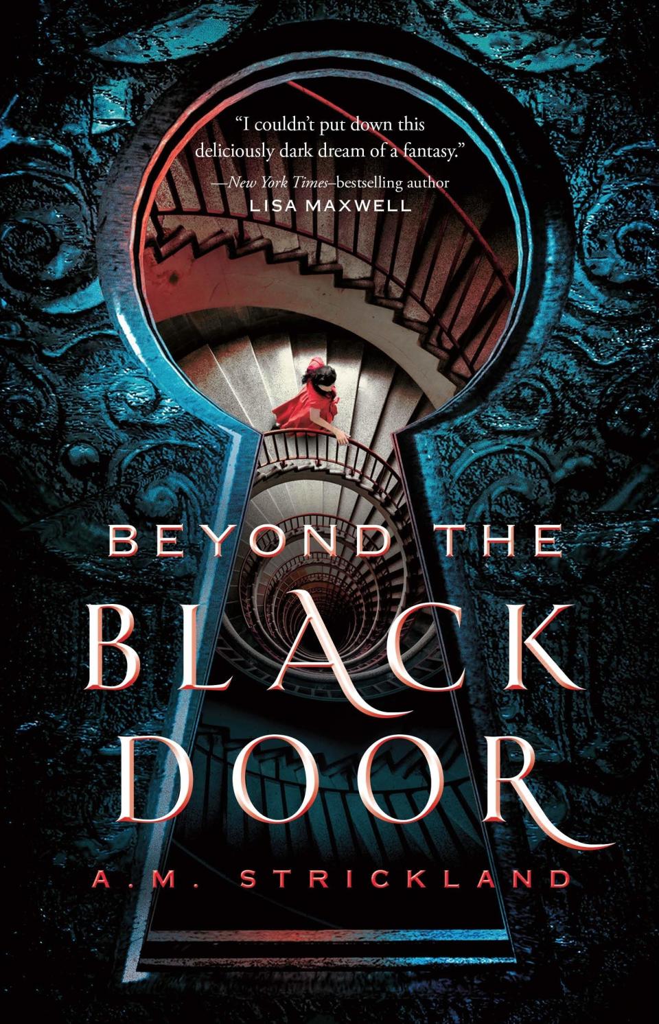 The black book cover of  Beyond The Black Door with a picture of spiral staircase with a woman dressed in a red gown. The author's name is in red print.