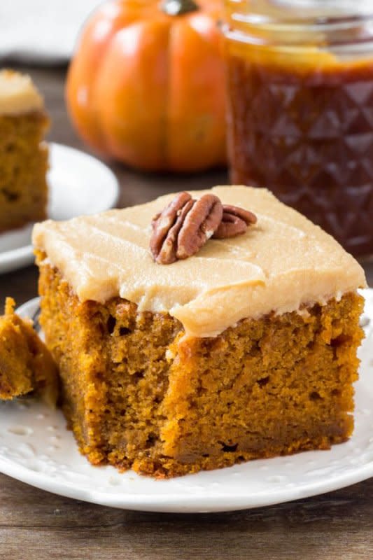 <p>Just So Tasty</p><p>This pumpkin cake is moist, flavorful and filled with pumpkin spice. The frosting is sweet, creamy, slightly tangy and filled with caramel for the perfect flavor combo. </p><p><strong>Get the recipe: <em><a href="https://www.justsotasty.com/pumpkin-cake-with-caramel-cream-cheese-frosting/" rel="nofollow noopener" target="_blank" data-ylk="slk:Pumpkin Cake with Caramel Cream Cheese Frosting;elm:context_link;itc:0;sec:content-canvas" class="link ">Pumpkin Cake with Caramel Cream Cheese Frosting</a></em></strong></p>