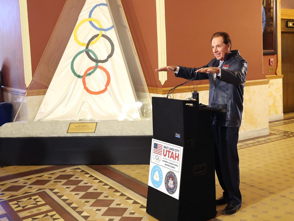 Salt Lake City-Utah Committee for the Games CEO Frazier Bullock speaks during a media briefing on the current situation for a Utah Winter Olympic bid in Salt Lake City on Wednesday, Oct. 18, 2023. | Jeffrey D. Allred, Deseret News