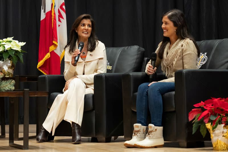 FILE PHOTO: Republican presidential candidate and former U.S. Ambassador to the United Nations Nikki Haley speaks in Sioux Center