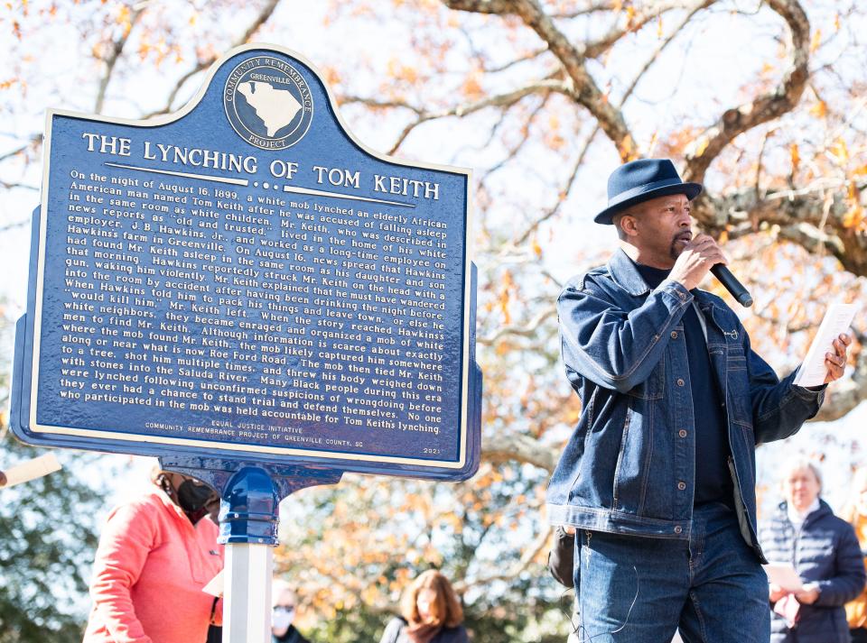 Pastor Curtis Johnson, Community Remembrance Project Leadership team member speaks during the unveiling of the first of four markers commemorating Greenville lynching victims done by the Community Remembrance Project, Saturday, November 20, 2021. The narrative marker commemorates Tom Keith who was lynched in 1899 after being accused of falling asleep in he same room as white children, according to CRP. The marker was installed in an area where Keith was lynched, a site now owned by Furman University, near Roe Ford Road. 