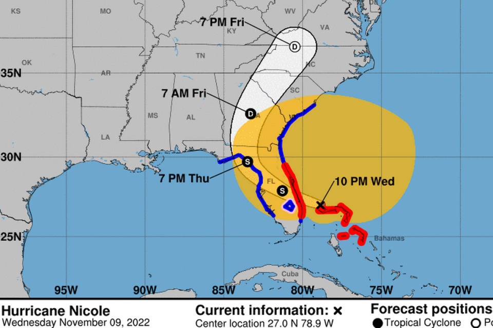 La tormenta tropical Nicole se convirtió en un huracán al aumentar sus vientos máximos sostenidos a 75 mph (120 km/h) antes de lllegar a Florida.