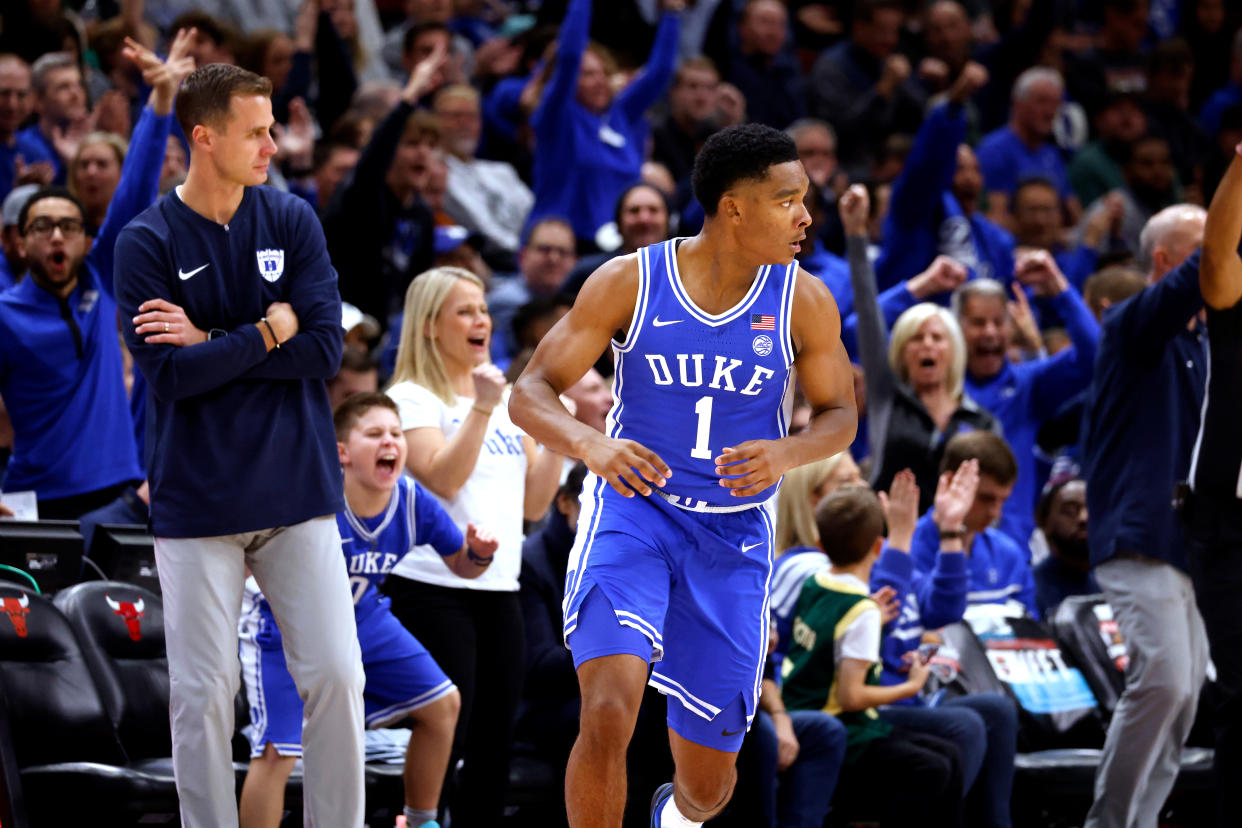 Duke's Caleb Foster finished with 18 points in the Blue Devils' win over Michigan State on Tuesday. (Lance King/Getty Images)