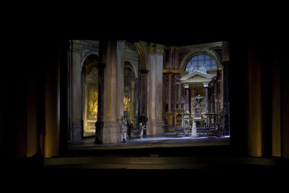 This artist rendering released by Metropolitan Opera shows a set model for Act I of David McVicar's new production of "Tosca," designed by John Macfarlane. The Metropolitan Opera is scrapping Luc Bondy's maligned production of Puccini's "Tosca" after just 59 performances. The Met said Wednesday, Feb. 15, 2017, a new staging by McVicar will open New Year's Eve, one of five new productions next season. (Metropolitan Opera via AP)