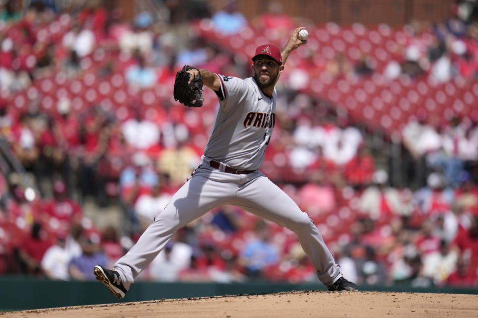 Arizona Diamondbacks starting pitcher Madison Bumgarner throws during the first inning of a baseball game against the St. Louis Cardinals Wednesday, April 19, 2023, in St. Louis. (AP Photo/Jeff Roberson)