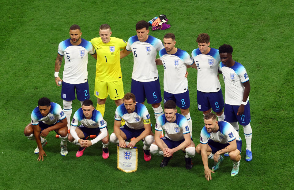 Soccer Football - FIFA World Cup Qatar 2022 - Quarter Final - England v France - Al Bayt Stadium, Al Khor, Qatar - December 10, 2022 England players pose for a team group photo before the match REUTERS/Lee Smith