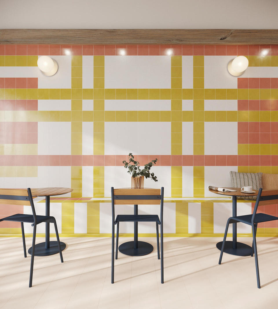Selections from the Natural Press ceramic tile collection by Fireclay Tile, including Azo Green and Madder Red wall tiles 