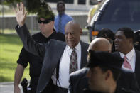 <p>Bill Cosby waves as he arrives at the Montgomery County Courthouse for a preliminary hearing on May 24, 2016, in Norristown, Pa., on charges of drugging and molesting a woman in 2004. (Matt Slocum/AP) </p>