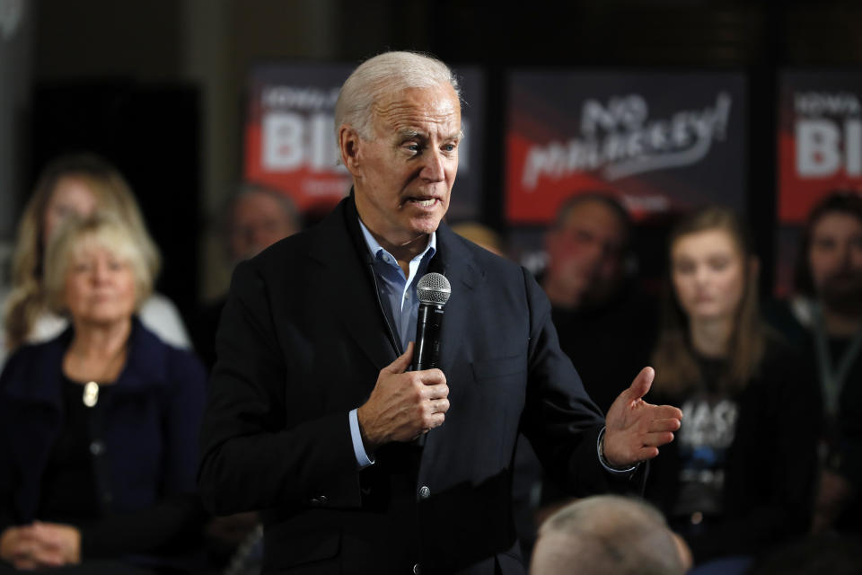 FILE - In this Sunday, Dec. 1, 2019, file photo, Democratic presidential candidate and former Vice President Joe Biden speaks during a meeting with local residents at Buena Vista University, in Storm Lake, Iowa. Biden has landed a high-profile endorsement for his presidential bid as U.S. Rep. Abby Finkenauer becomes the first member of the Iowa congressional delegation to take sides in the Democratic nominating contest. (AP Photo/Charlie Neibergall, File)