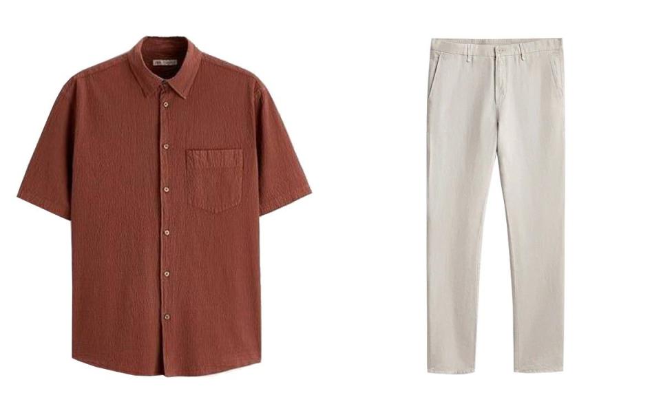 Seersucker shirt, £32.99, zara.com; linen trousers, £59.95, massimodutti.com