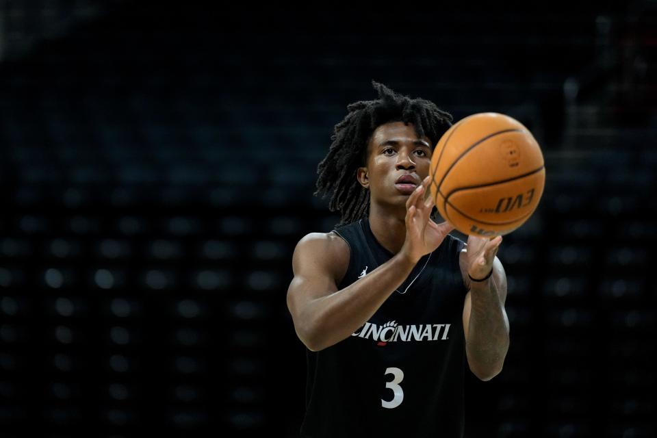 Cincinnati Bearcats guard Rayvon Griffith (3) shoots around during a preseason practice at Fifth Third Arena in Cincinnati on Tuesday, Oct. 3, 2023.