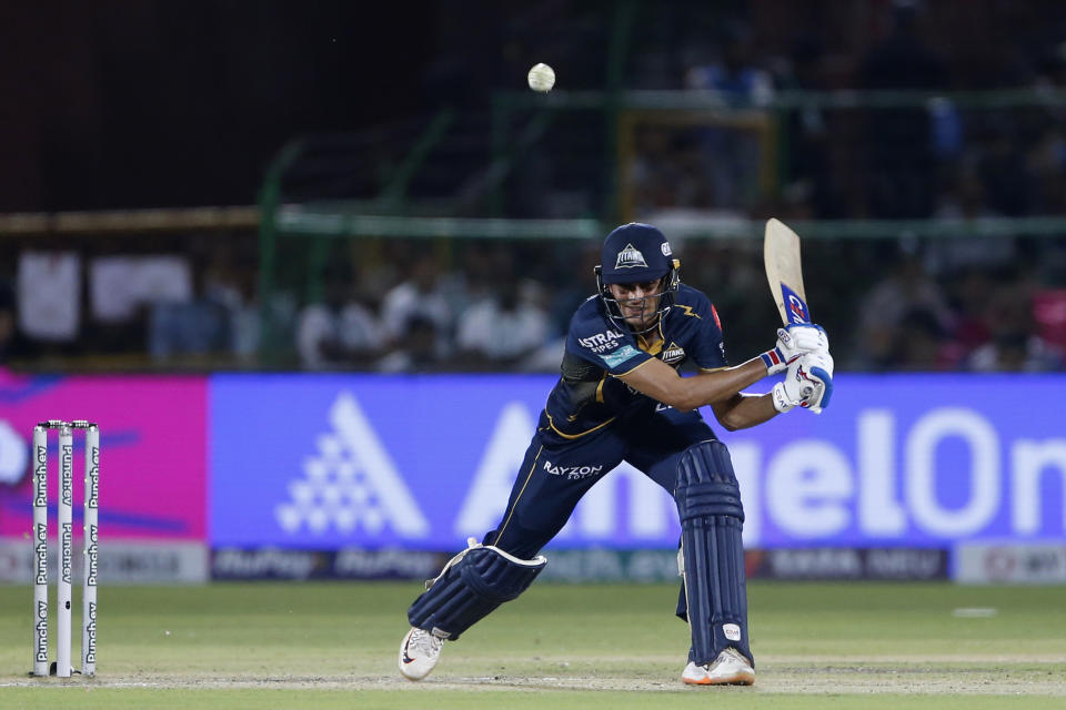 Gujarat Titans' captain Shubman Gill plays a shot during the Indian Premier League cricket match between Gujarat Titans and Rajasthan Royals in Jaipur, India, Wednesday, April 10, 2024. (AP Photo/Surjeet Yadav)