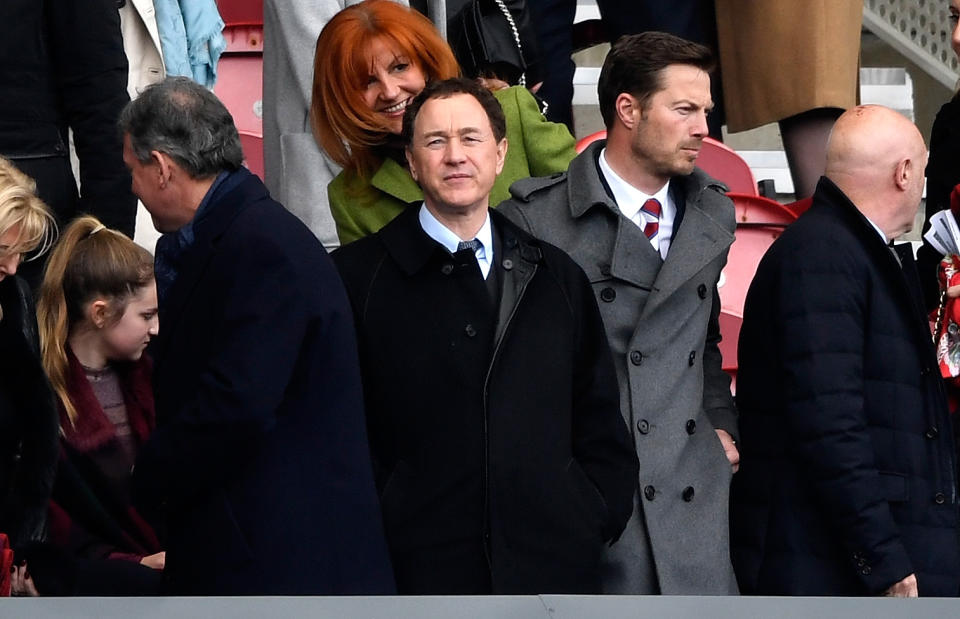 <p>Middlesbrough owner Steve Gibson looks on as United come to town </p>