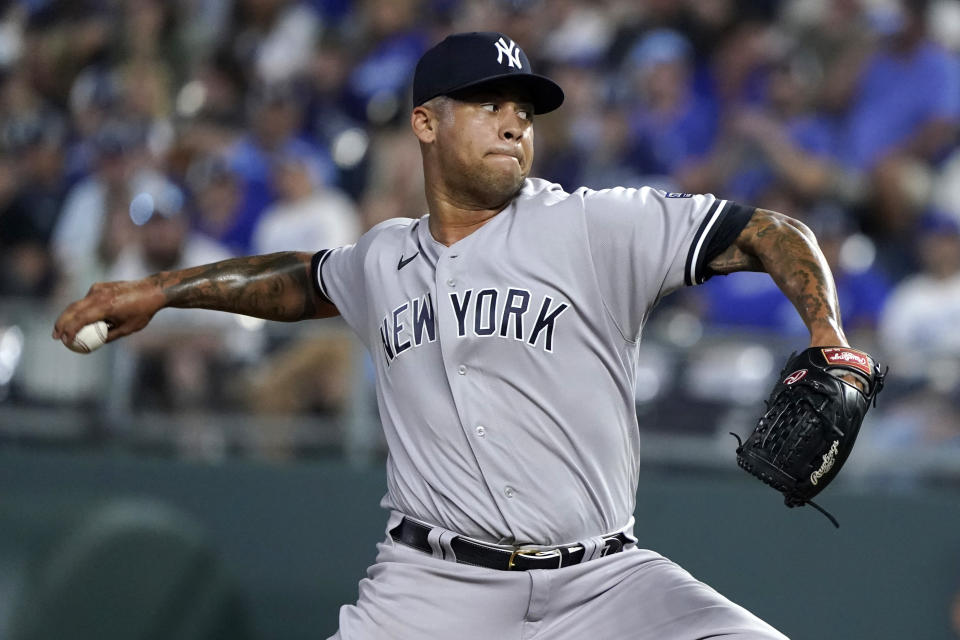 KANSAS CITY, MISSOURI - SEPTEMBER 30: Frankie Montas #47 of the New York Yankees throws in the fifth inning against the Kansas City Royals at Kauffman Stadium on September 30, 2023 in Kansas City, Missouri. (Photo by Ed Zurga/Getty Images)