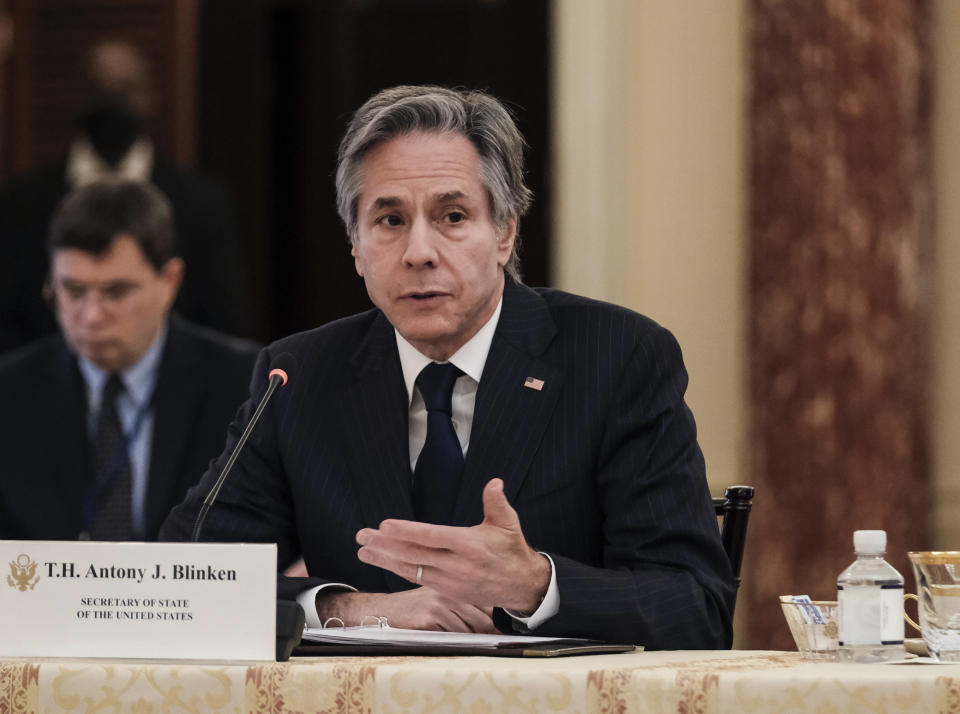 U.S. Secretary of State Antony Blinken speaks during the fourth U.S.-India 2+2 Ministerial Dialogue at the State Department in Washington, Monday, April 11, 2022. (Michael A. McCoy/Pool via AP)