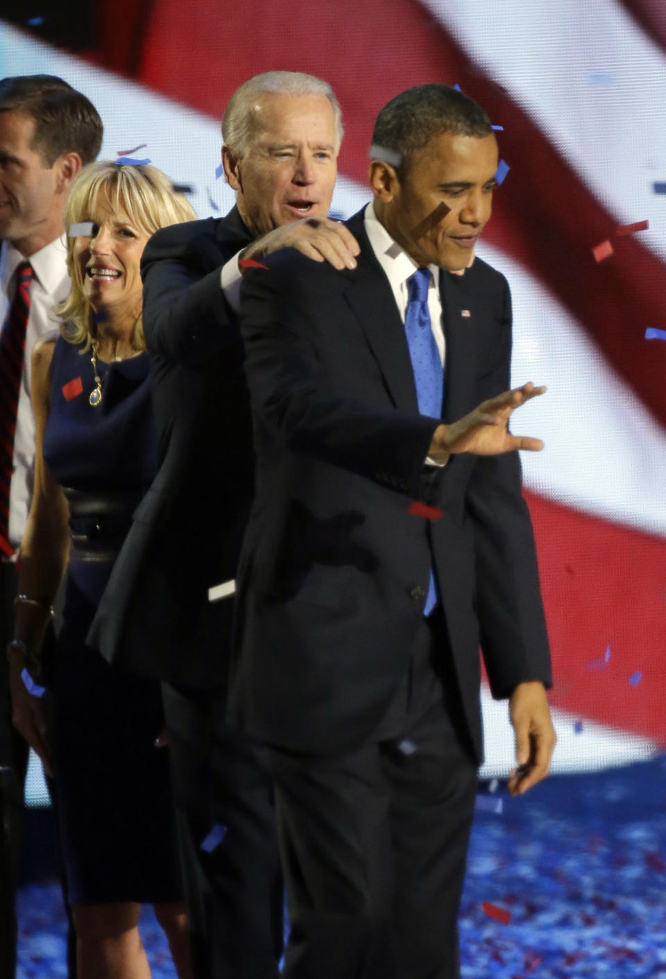 Vice President Joe Biden and President Barack Obama wave to their supporters at his election night party Wednesday, Nov. 7, 2012, in Chicago. President Obama defeated Republican challenger former Massachusetts Gov. Mitt Romney. (AP Photo/Pablo Martinez Monsivais)