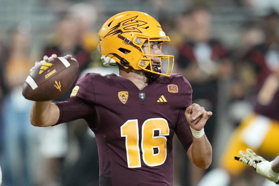 Arizona State quarterback Trenton Bourguet looks to throw a pass against Colorado during the second half of an NCAA college football game Saturday, Oct. 7, 2023, in Tempe, Ariz. (AP Photo/Ross D. Franklin)