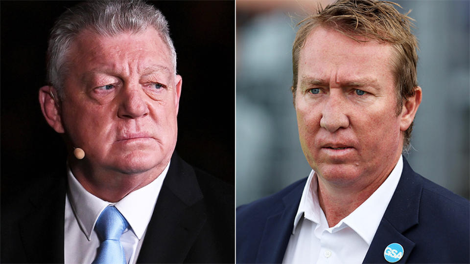 Phil Gould during commentary and Trent Robinson during an NRL game.