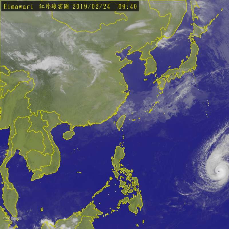 20190224-今年第2號颱風「蝴蝶」於24日晚間8點增強為強烈颱風，為氣象局有紀錄以來第一個2月強颱。（取自中央氣象局）