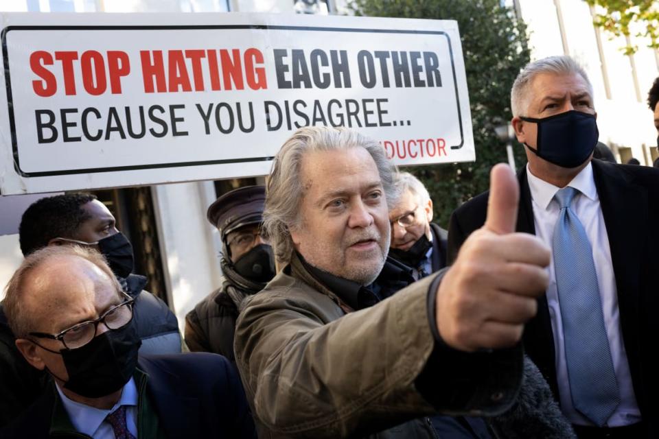 <div class="inline-image__caption"><p>Steve Bannon after an appearance at U.S. District Court in Washington last month.</p></div> <div class="inline-image__credit">Win McNamee/Getty</div>