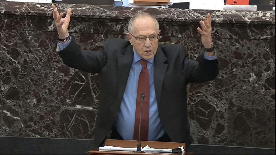 In this image from video, Alan Dershowitz, an attorney for President Donald Trump, answers a question during the impeachment trial against Trump in the Senate at the U.S. Capitol in Washington, Wednesday, Jan. 29, 2020. (Senate Television via AP)