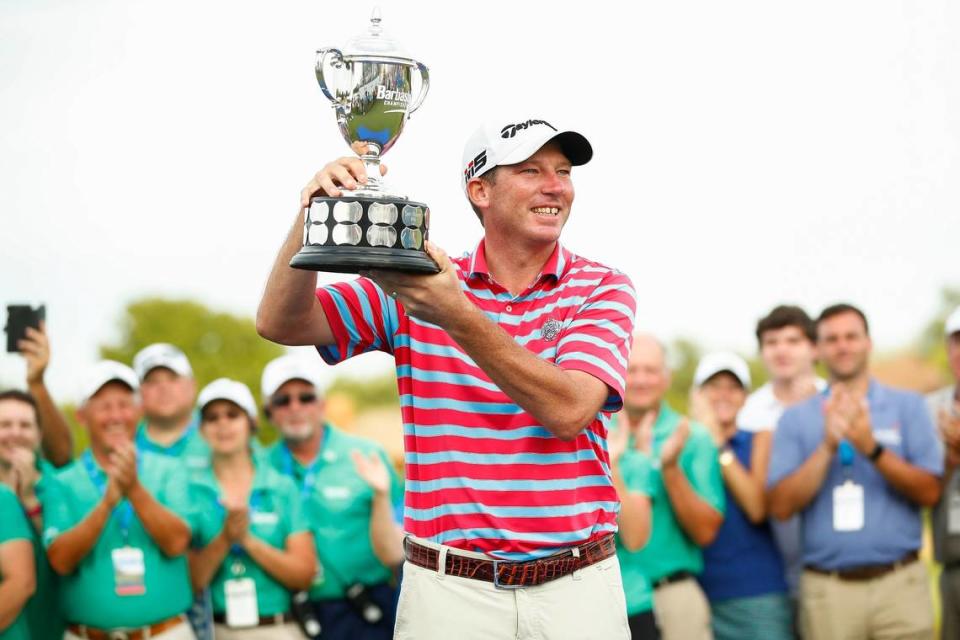 Jim Herman hoisted the PGA Barbasol Championship trophy in 2019. Last year’s tournament was canceled because of the pandemic.