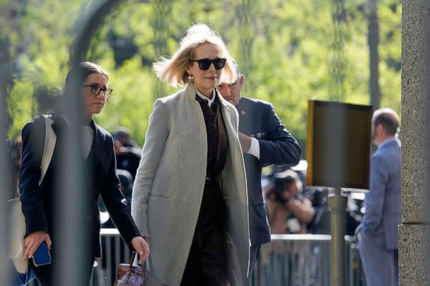 PHOTO: Former columnist E. Jean Carroll walks into Manhattan federal court, April 25, 2023, in New York, for the trial over Carroll's claim that former President Donald Trump raped her nearly three decades ago in a department store dressing room. (Seth Wenig/AP)