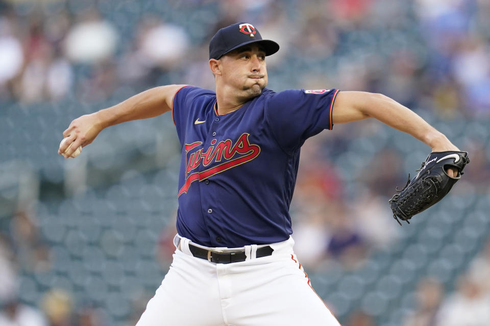 Minnesota Twins starting pitcher Aaron Sanchez delivers against the Detroit Tigers during the first inning of a baseball game in Minneapolis, Monday, Aug. 1, 2022. (AP Photo/Abbie Parr)