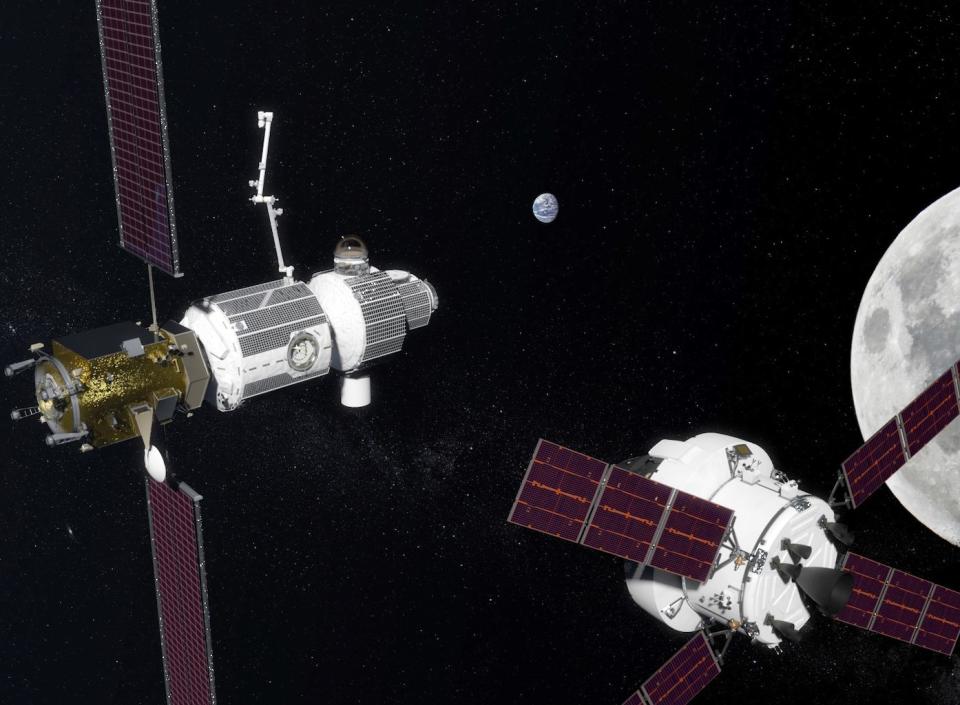 NASA's 2019 budget proposal calls for an increased investment in missions and technology to return astronauts to the moon in the 2020s. Shown here: an artist's depiction of NASA's Deep Space Gateway in orbit near the moon. <cite>NASA</cite>