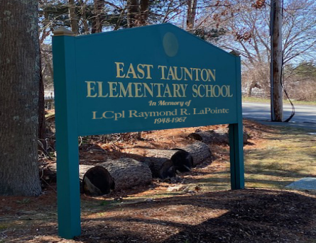 Digital renderings shown to the Taunton School Committee of what it will look like when signage for East Taunton Elementary School includes a dedication to fallen Vietnam War Veteran Lance Corporal Raymond Lapointe. Note: this is not a final design.