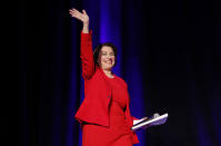 Democratic presidential candidate Sen. Amy Klobuchar, D-Minn., speaks at the Clark County Democratic Party "Kick-Off to Caucus 2020" event, Saturday, Feb. 15, 2020, in Las Vegas. (AP Photo/John Locher)