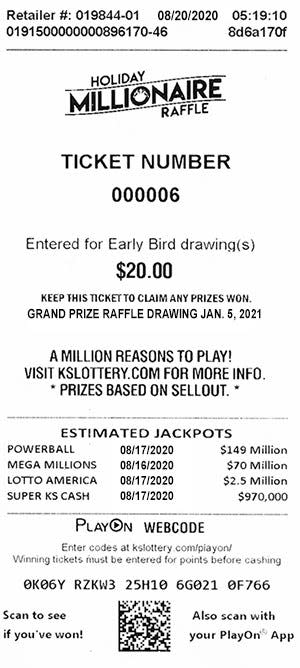Here's one of the tickets in the Kansas Lottery's Holiday Millionaire Raffle, for which the winning ticket was recently turned in.