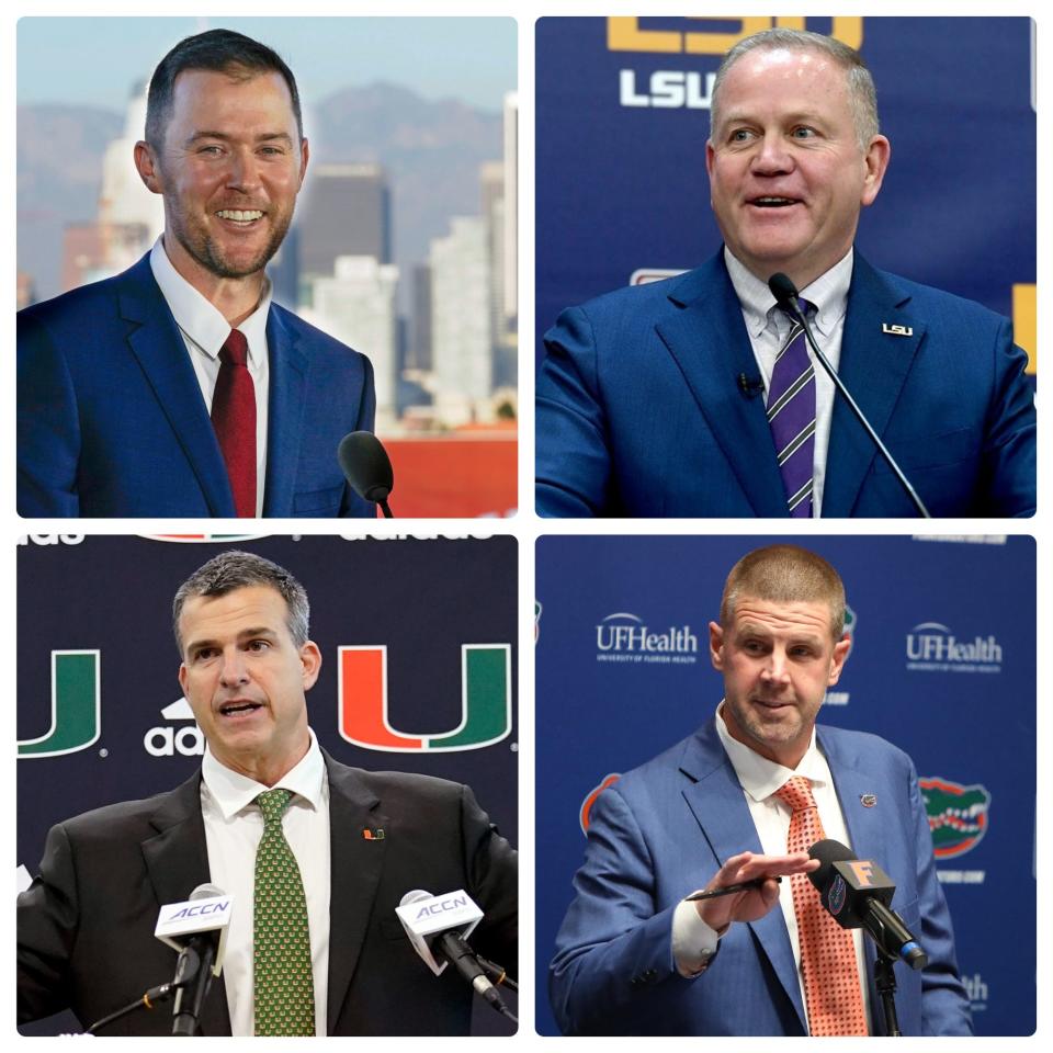 From top left, clockwise: USC's Lincoln Riley, LSU's Brian Kelly, Miami's Mario Cristobal and Florida's Billy Napier