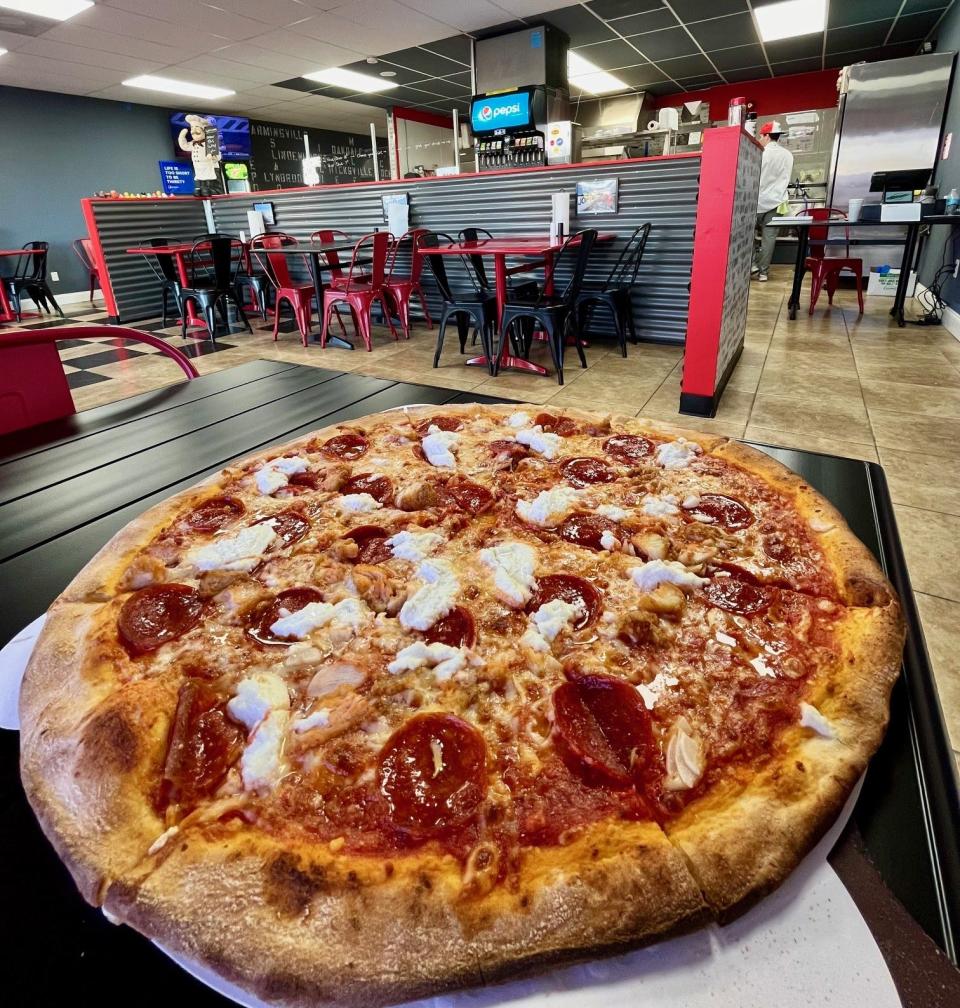 The Godfather at Long Island Brothers New York Pizzeria in Cape Coral features pepperoni, crispy chicken, chopped garlic, jalapeno and ricotta.