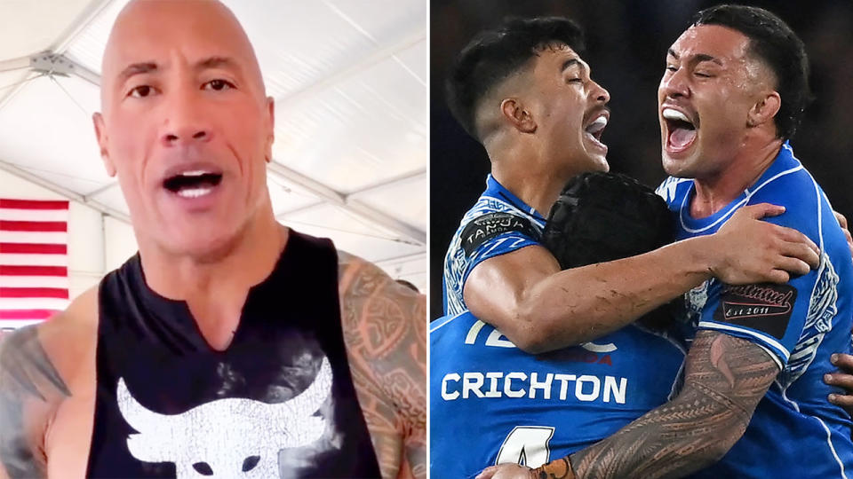 Pictured ledft, Dwayne 'The Rock' Johnson shares a rousing message for Samoa ahead of the Rugby League World Cup final.