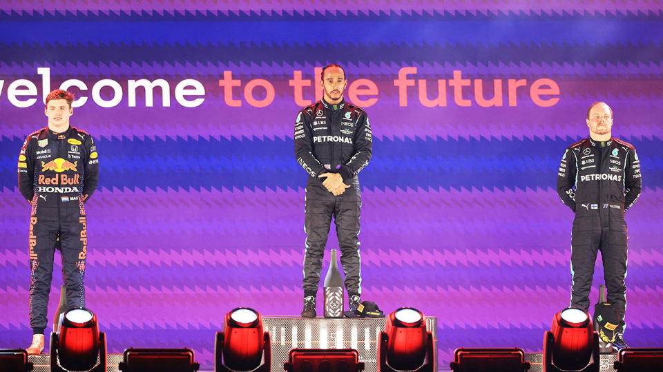 Max Verstappen, Lewis Hamilton and Valtteri Bottas, pictured here on the podium after the Suadi Arabia Grand Prix. 