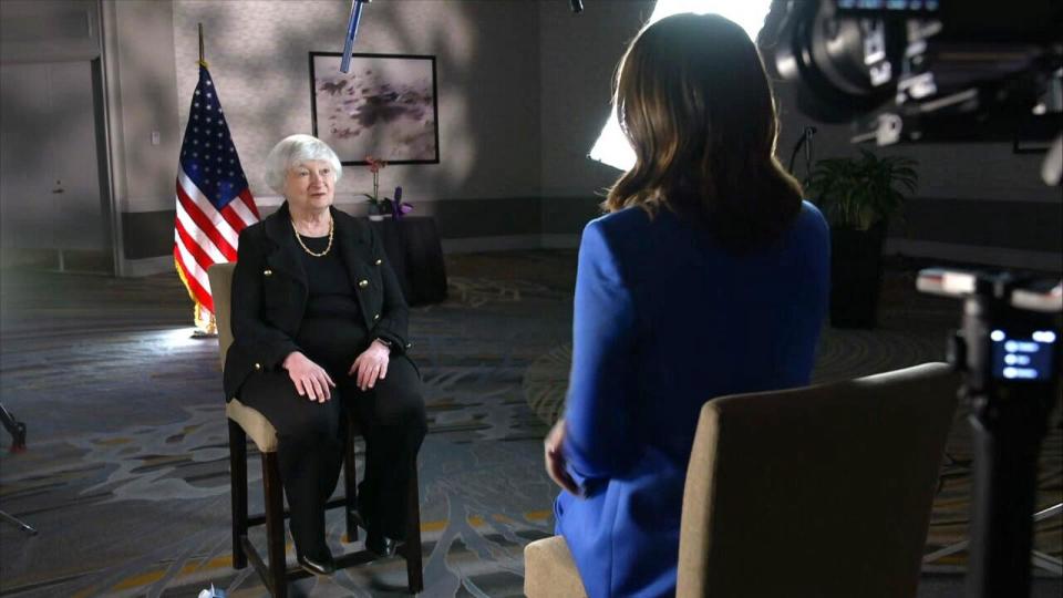 PHOTO: Treasury Secretary Janet Yellen speaks during an interview with ABC News' Elizabeth Schulze, on Jan. 25, 2024. (ABC News)