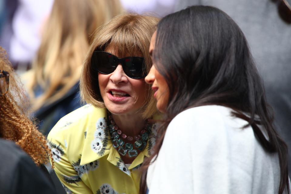 NEW YORK, NEW YORK - SEPTEMBER 07: Meghan (R), Duchess of Sussex, and Anna Wintour (L) attend the Women's Singles final match between Serena Williams of the United States and Bianca Andreescu of Canada on day thirteen of the 2019 US Open at the USTA Billie Jean King National Tennis Center on September 07, 2019 in the Queens borough of New York City. (Photo by Clive Brunskill/Getty Images)